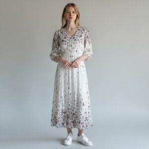 Code Floral Midi Dress Womens 8 Whit Pink Rose Rayon V-Neck Boho 90s Cottagecore